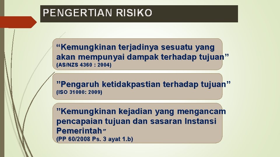 PENGERTIAN RISIKO “Kemungkinan terjadinya sesuatu yang akan mempunyai dampak terhadap tujuan” (AS/NZS 4360 :