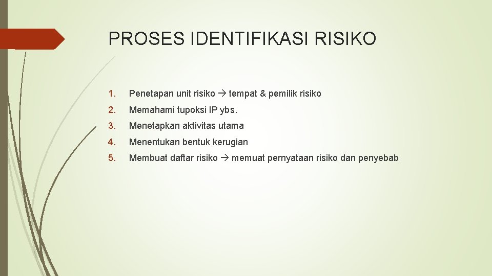 PROSES IDENTIFIKASI RISIKO 1. Penetapan unit risiko tempat & pemilik risiko 2. Memahami tupoksi PROSES IDENTIFIKASI RISIKO 1. Penetapan unit risiko tempat & pemilik risiko 2. Memahami tupoksi