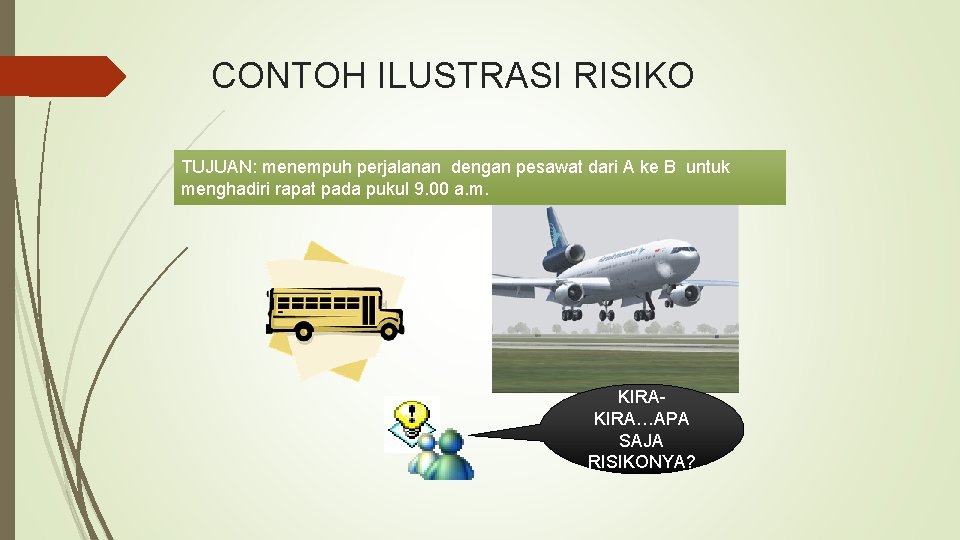 CONTOH ILUSTRASI RISIKO TUJUAN: menempuh perjalanan dengan pesawat dari A ke B untuk menghadiri CONTOH ILUSTRASI RISIKO TUJUAN: menempuh perjalanan dengan pesawat dari A ke B untuk menghadiri