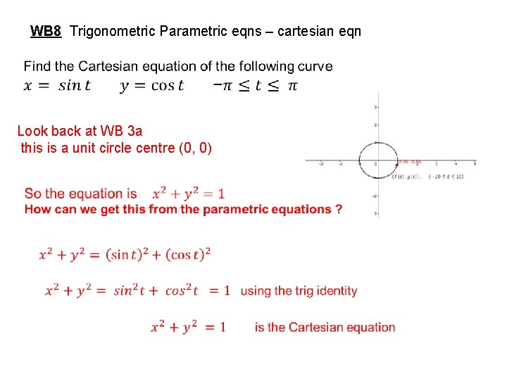 WB 8 Trigonometric Parametric eqns – cartesian eqn Look back at WB 3 a