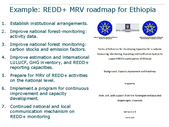 Example: REDD+ MRV roadmap for Ethiopia 1. Establish institutional arrangements. 2. Improve national forest-monitoring: Example: REDD+ MRV roadmap for Ethiopia 1. Establish institutional arrangements. 2. Improve national forest-monitoring: