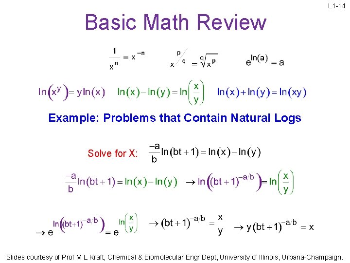 L 1 -14 Basic Math Review Example: Problems that Contain Natural Logs Solve for