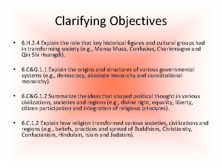 Clarifying Objectives • 6. H. 2. 4 Explain the role that key historical figures