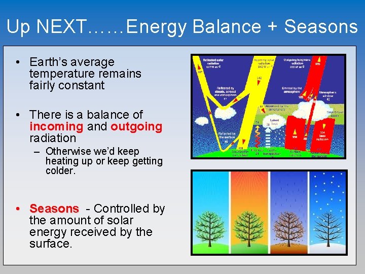 Up NEXT……Energy Balance + Seasons • Earth’s average temperature remains fairly constant • There
