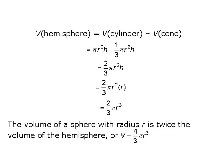V(hemisphere) = V(cylinder) – V(cone) The volume of a sphere with radius r is