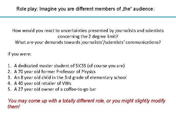 Role play: Imagine you are different members of „the“ audience: How would you react