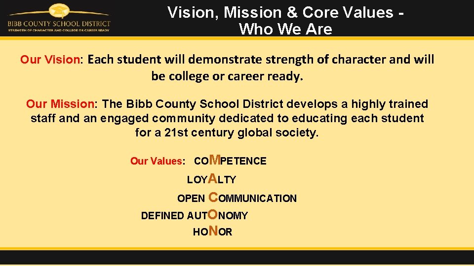 Vision, Mission & Core Values Who We Are Our Vision: Each student will demonstrate
