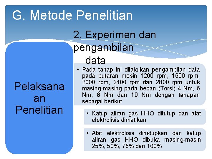 G. Metode Penelitian 2. Experimen dan pengambilan data Pelaksana an Penelitian • Pada tahap