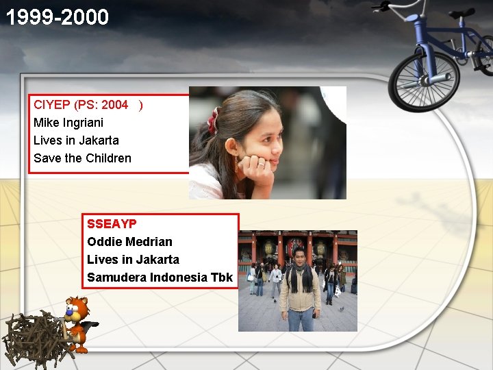 1999 -2000 CIYEP (PS: 2004 ) Mike Ingriani Lives in Jakarta Save the Children