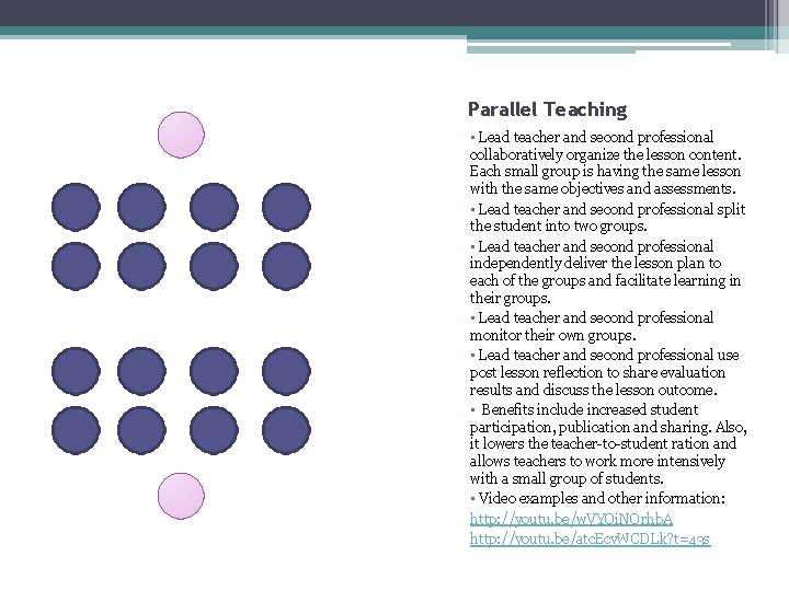 Parallel Teaching • Lead teacher and second professional collaboratively organize the lesson content. Each
