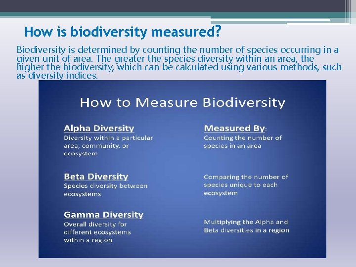 How is biodiversity measured? Biodiversity is determined by counting the number of species occurring
