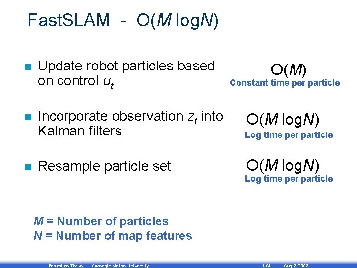 Fast. SLAM - O(M log. N) n n n Update robot particles based on