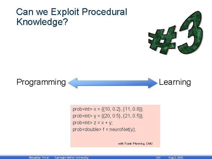 Can we Exploit Procedural Knowledge? Programming Learning prob<int> See Davidx. Andre’s = {{10, 0.
