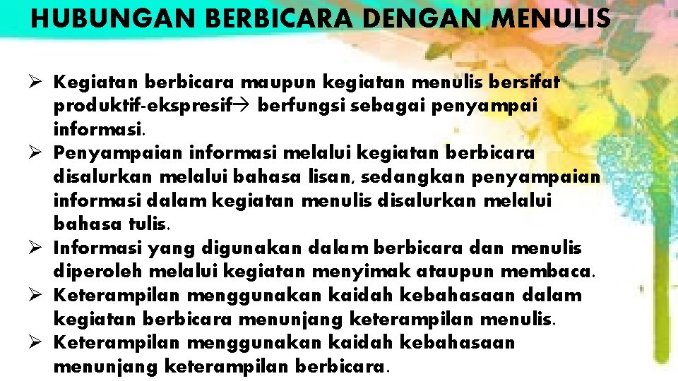 HUBUNGAN BERBICARA DENGAN MENULIS Ø Kegiatan berbicara maupun kegiatan menulis bersifat produktif-ekspresif berfungsi sebagai