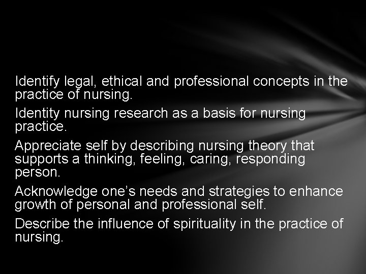 Identify legal, ethical and professional concepts in the practice of nursing. Identity nursing research
