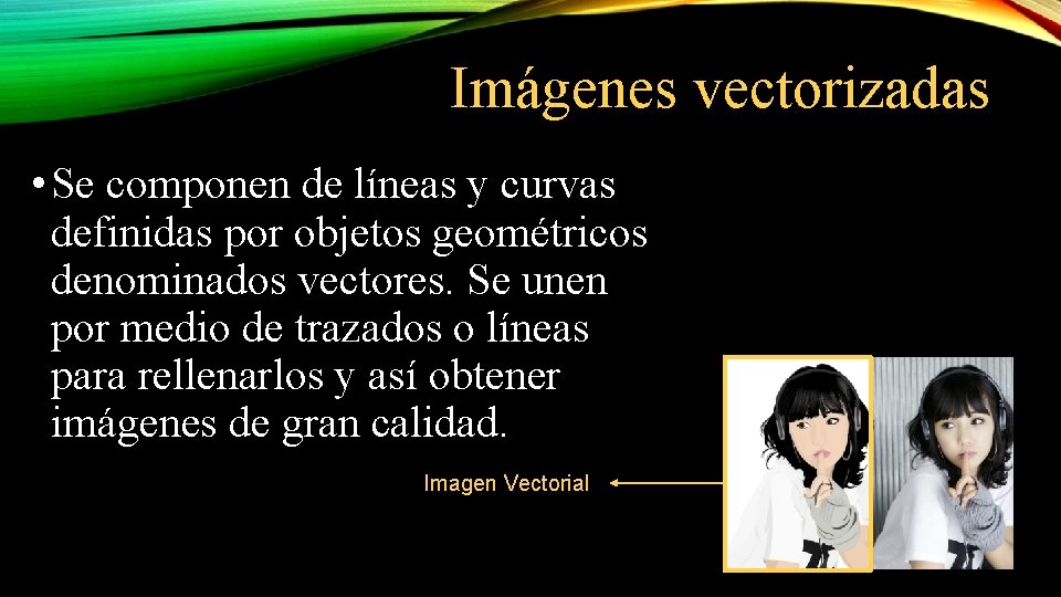 Imágenes vectorizadas • Se componen de líneas y curvas definidas por objetos geométricos denominados