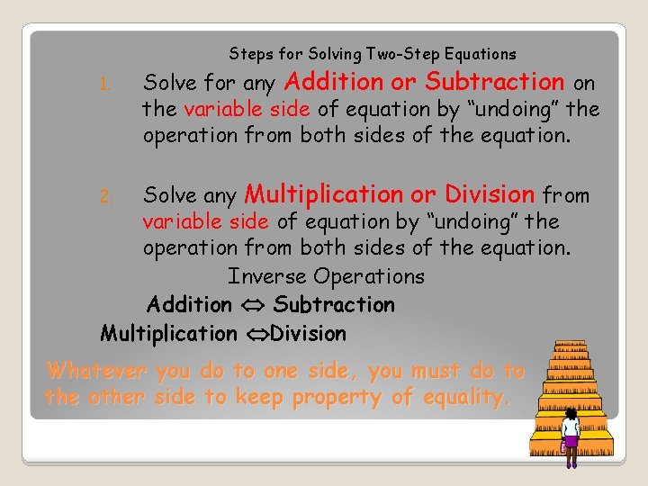 Steps for Solving Two-Step Equations 1. Solve for any Addition or Subtraction on the