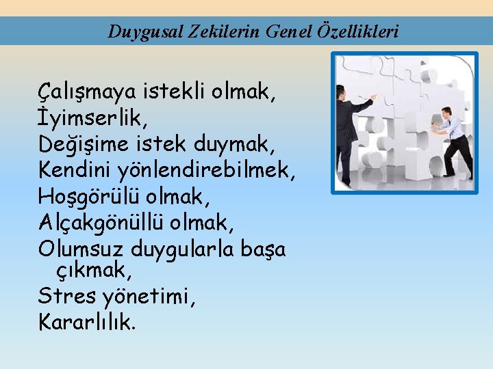 Duygusal Zekilerin Genel Özellikleri Çalışmaya istekli olmak, İyimserlik, Değişime istek duymak, Kendini yönlendirebilmek, Hoşgörülü