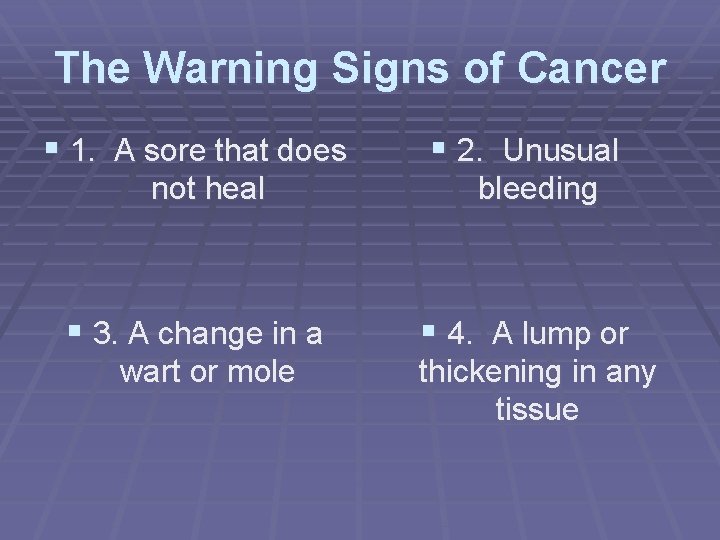 The Warning Signs of Cancer § 1. A sore that does not heal §