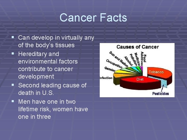 Cancer Facts § Can develop in virtually any of the body’s tissues § Hereditary