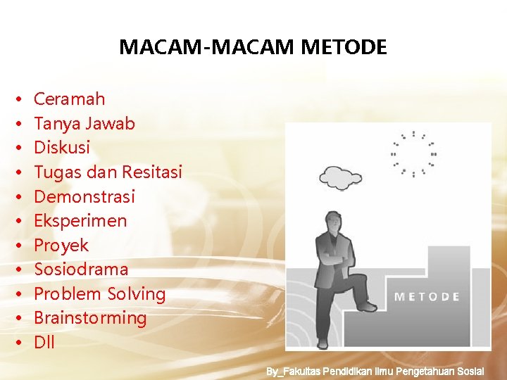 MACAM-MACAM METODE • • • Ceramah Tanya Jawab Diskusi Tugas dan Resitasi Demonstrasi Eksperimen