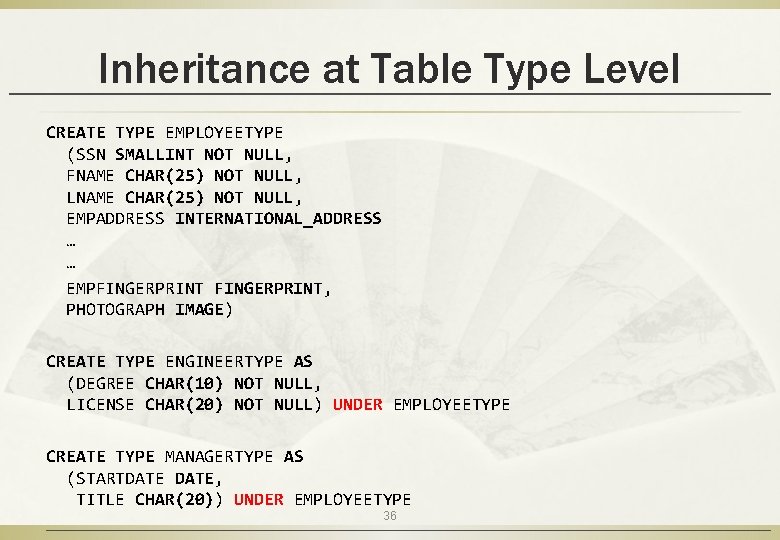 Inheritance at Table Type Level CREATE TYPE EMPLOYEETYPE (SSN SMALLINT NOT NULL, FNAME CHAR(25)
