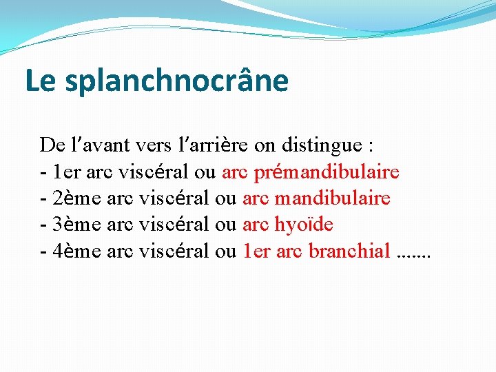 Le splanchnocrâne De l’avant vers l’arrière on distingue : - 1 er arc viscéral