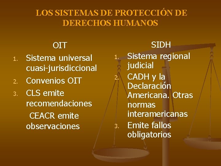 LOS SISTEMAS DE PROTECCIÓN DE DERECHOS HUMANOS 1. 2. 3. OIT Sistema universal cuasi-jurisdiccional