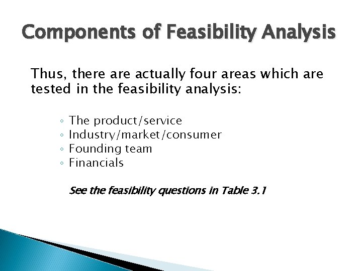 Components of Feasibility Analysis Thus, there actually four areas which are tested in the