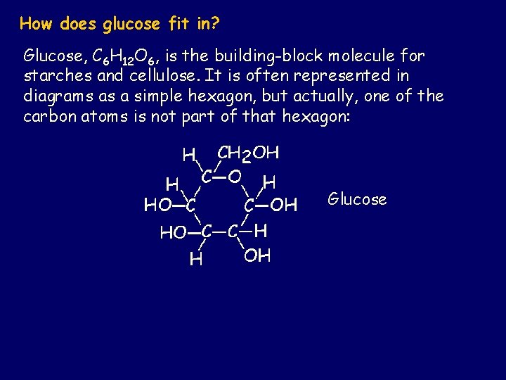 How does glucose fit in? Glucose, C 6 H 12 O 6, is the