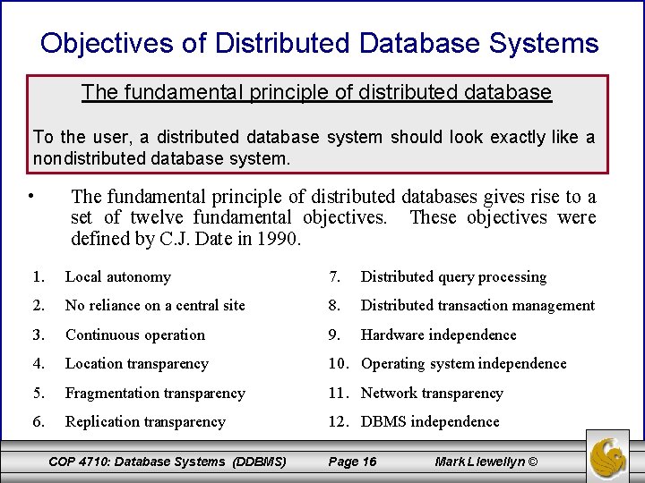 Objectives of Distributed Database Systems The fundamental principle of distributed database To the user, Objectives of Distributed Database Systems The fundamental principle of distributed database To the user,