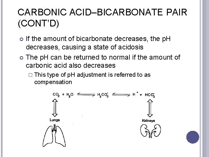 CARBONIC ACID–BICARBONATE PAIR (CONT’D) If the amount of bicarbonate decreases, the p. H decreases,