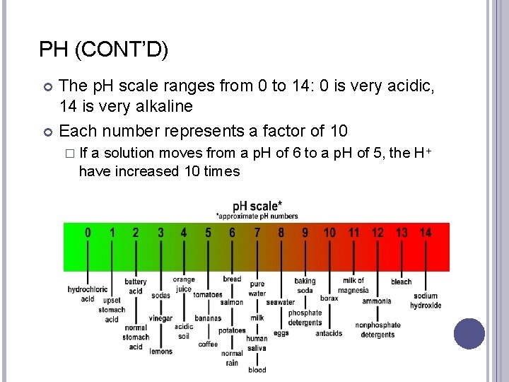 PH (CONT’D) The p. H scale ranges from 0 to 14: 0 is very