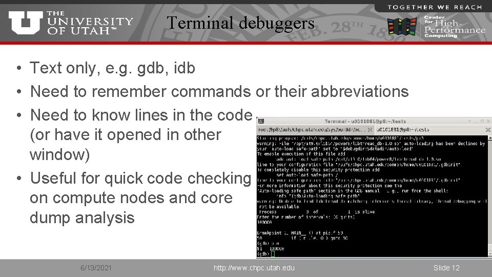 Terminal debuggers • Text only, e. g. gdb, idb • Need to remember commands