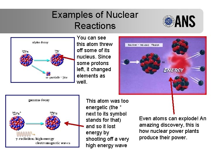 Examples of Nuclear Reactions You can see this atom threw off some of its