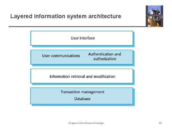 Layered information system architecture Chapter 6 Architectural design 26 Layered information system architecture Chapter 6 Architectural design 26