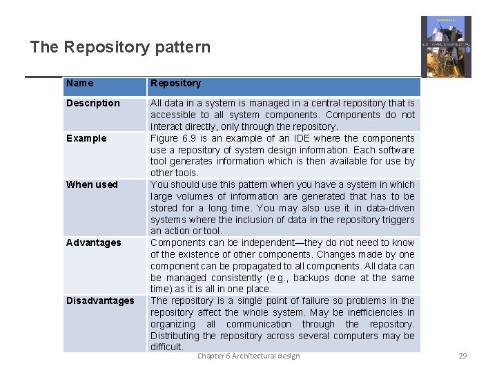 The Repository pattern Name Repository Description All data in a system is managed in The Repository pattern Name Repository Description All data in a system is managed in