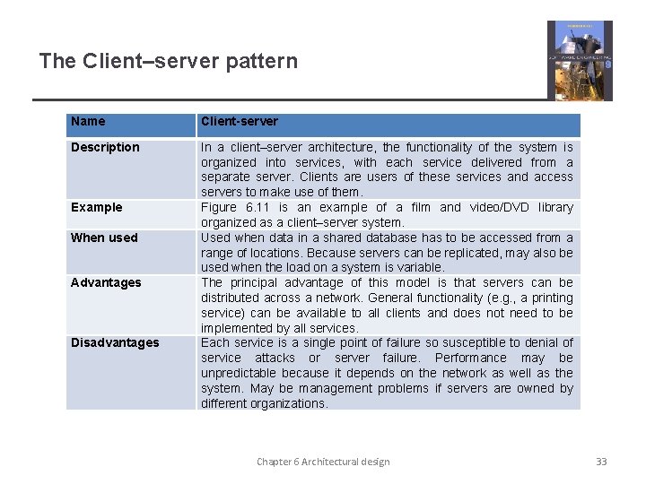 The Client–server pattern Name Client-server Description In a client–server architecture, the functionality of the The Client–server pattern Name Client-server Description In a client–server architecture, the functionality of the