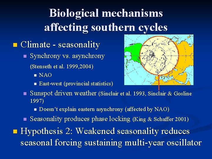 Biological mechanisms affecting southern cycles n Climate - seasonality n Synchrony vs. asynchrony (Stenseth