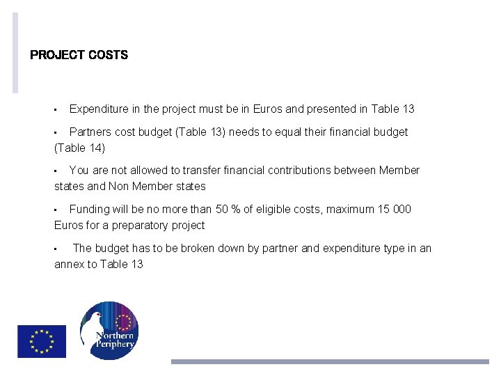 PROJECT COSTS • Expenditure in the project must be in Euros and presented in