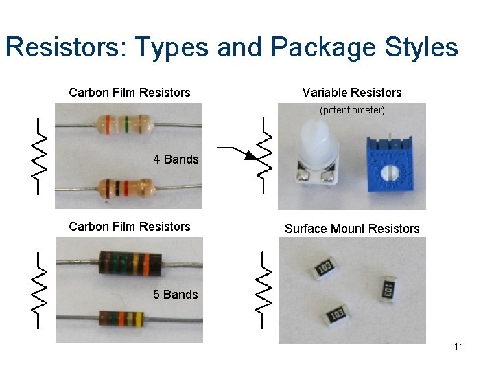 Resistors: Types and Package Styles Carbon Film Resistors Variable Resistors (potentiometer) 4 Bands Carbon