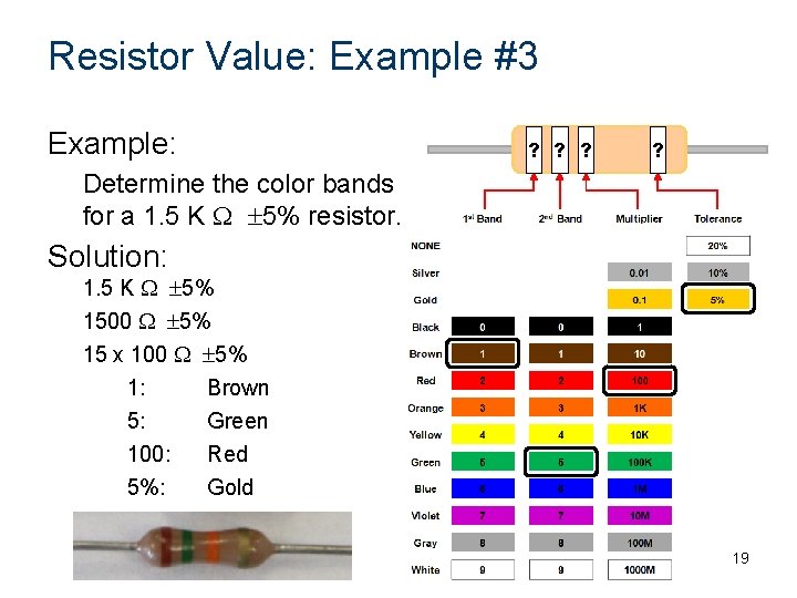 Resistor Value: Example #3 Example: ? ? ? ? Determine the color bands for