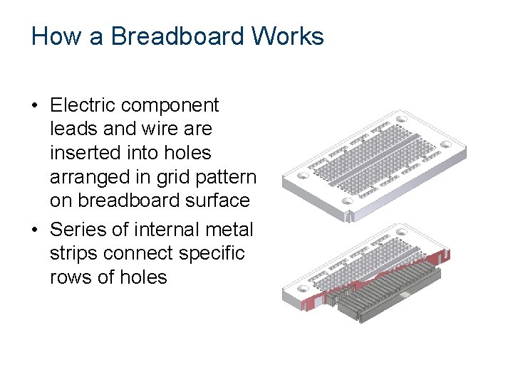 How a Breadboard Works • Electric component leads and wire are inserted into holes