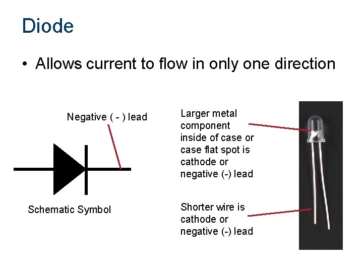 Diode • Allows current to flow in only one direction Negative ( - )