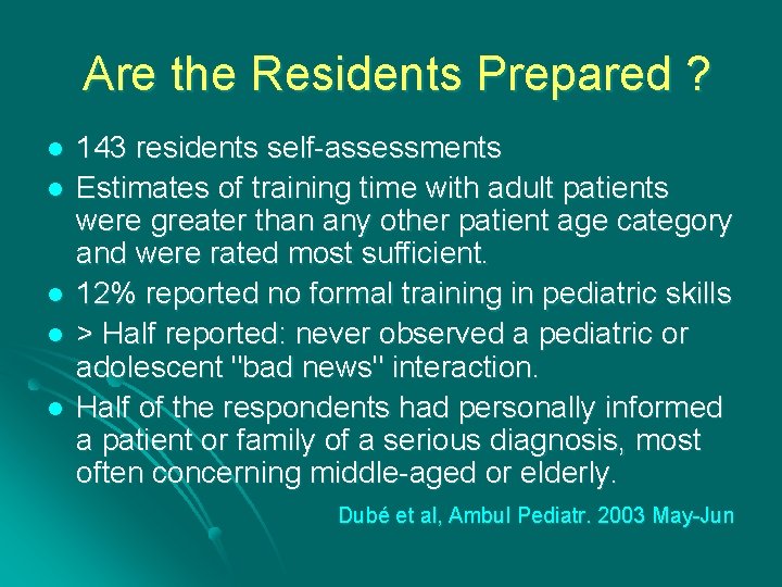 Are the Residents Prepared ? l l l 143 residents self-assessments Estimates of training