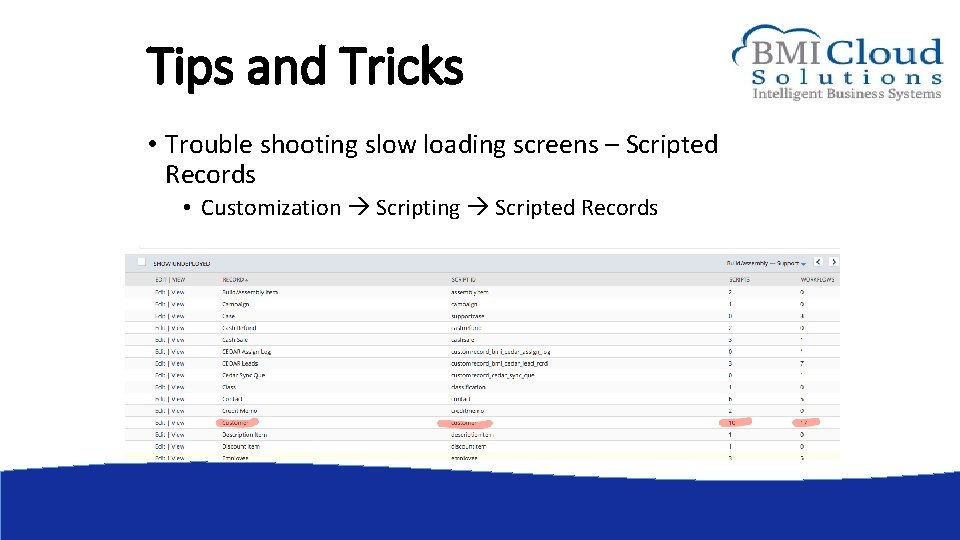 Tips and Tricks • Trouble shooting slow loading screens – Scripted Records • Customization