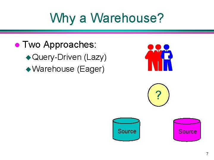 Why a Warehouse? l Two Approaches: u Query-Driven (Lazy) u Warehouse (Eager) ? Source