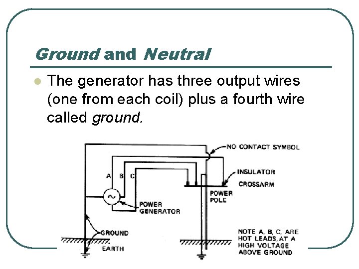 Ground and Neutral l The generator has three output wires (one from each coil)