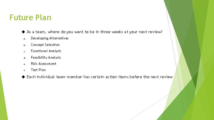 Future Plan As a team, where do you want to be in three weeks