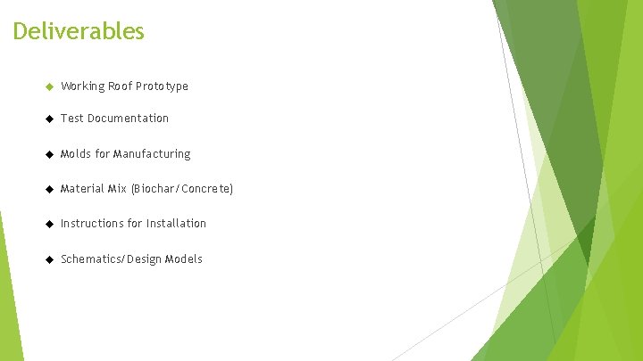 Deliverables Working Roof Prototype Test Documentation Molds for Manufacturing Material Mix (Biochar/Concrete) Instructions for